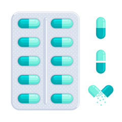Set of blister pack with teal and green capsules in front and side view. Medication, remedy, drug, treatment, healthcare concept. Flat vector illustration isolated on a white background	