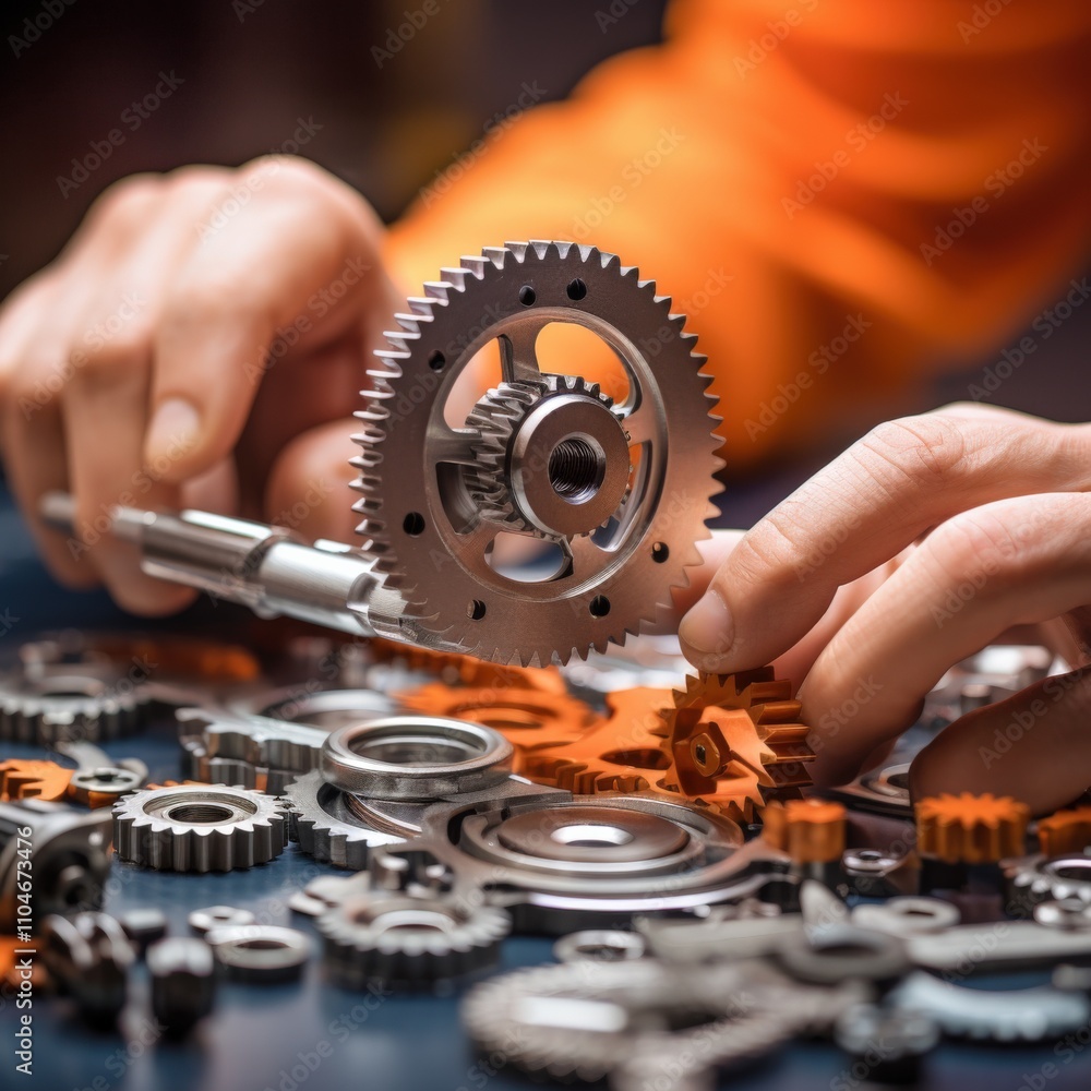 Poster hands working on mechanical gears and tools for engineering projects