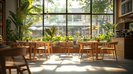 Obraz premium A coffee shop interior with large windows flooding the room with warm sunlight, rustic wooden furniture arranged in cozy seating areas,
