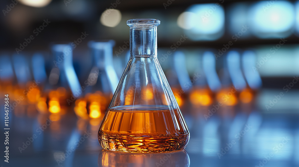Aufkleber a glass beaker with a yellow liquid in it is on a table. the beaker is the only object in the image