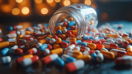 Scattered pills on the table from a jar, a lot of multi-colored pills