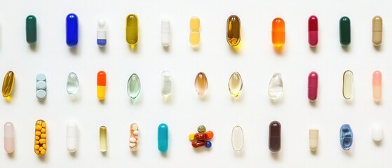 various dietary supplements and vitamins arranged in a flat lay composition