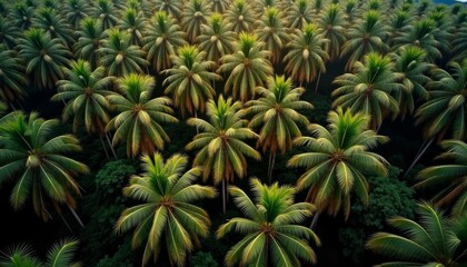 Tropical palm forest from above at dawn or dusk