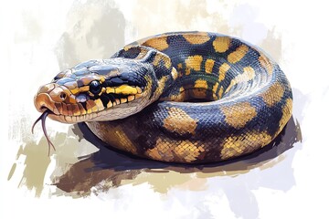 Fototapeta premium Anaconda illustration on a white backdrop. Generative Ai