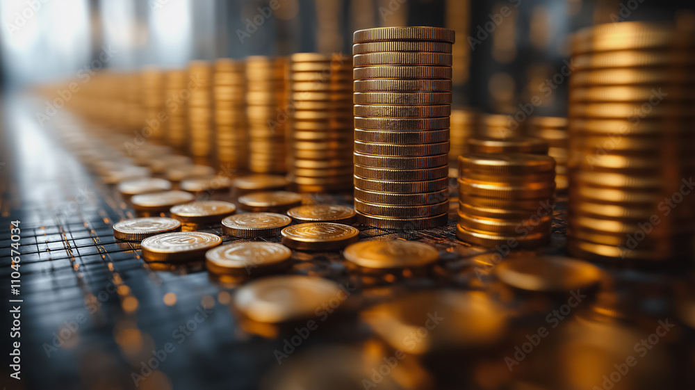Poster a row of gold coins and pennies are stacked on top of each other. the coins are arranged in a way th