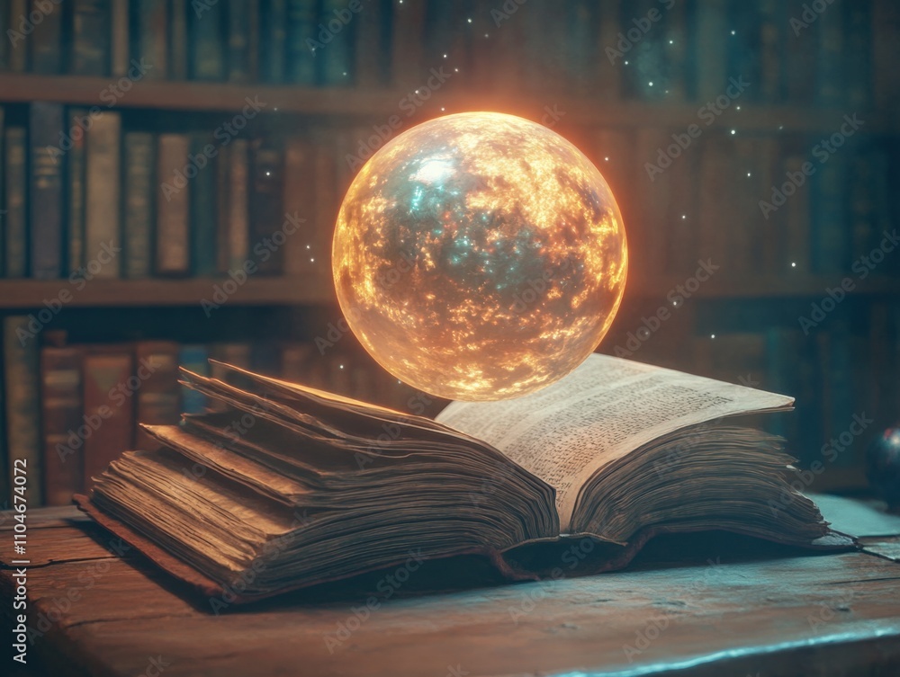 Poster magical book with glowing orb in a library setting