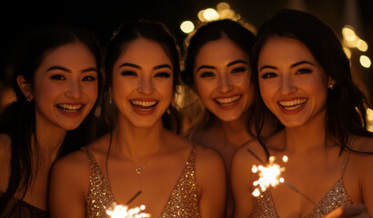 Obraz premium The sparkle and dynamic light around a woman and her friend reflect the lively energy of festive celebrations.