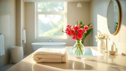Serene Bathroom Sanctuary Folded Towel and Pink Flowers in a Glass Vase on a Modern Vanity