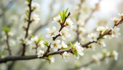 Blossoming branch of a fruit tree or Fruit tree blossoms in full bloom or White flowers