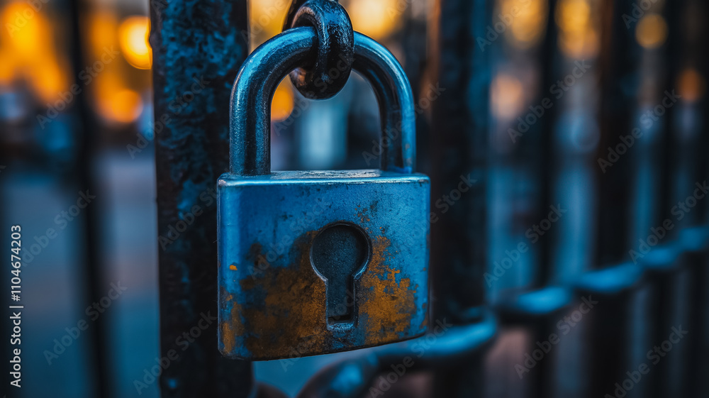 Aufkleber a blue lock with a keyhole is hanging from a chain link fence. the lock is rusty and the chain is be