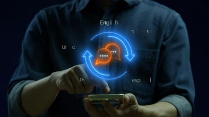 Translator app, language course and e-learning concept for translate worldwide language conversation. Businessman using translator app on smartphone to show translation icon on virtual screen.