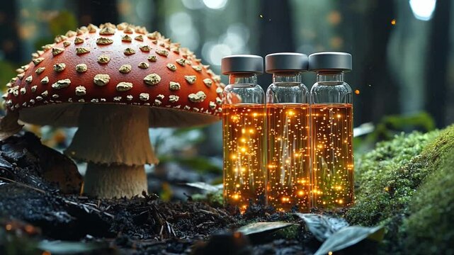 Enchanted forest setting with vibrant mushroom and glowing potion bottles at twilight