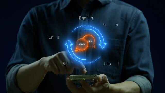 Translator app, language course and e-learning concept for translate worldwide language conversation. Businessman using translator app on smartphone to show translation icon on virtual screen.