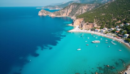 Obraz premium Beautiful beach with boats in crystal blue water