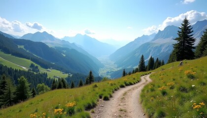 Fototapeta premium A serene mountain valley with winding trail in the foreground