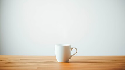 Fototapeta premium A simple white mug sits on a light wood table against a plain white wall