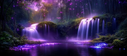 Fototapeta premium Magical Night Forest Scene with Cascading Waterfalls and Bioluminescent Glow