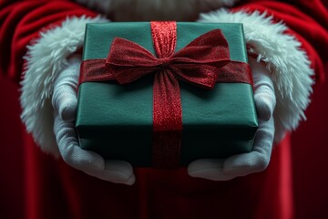 A hand in a Santa Claus costume holding a green gift box with a red ribbon on a red solid background. symbolizing Christmas and festive cheer