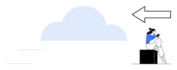 Person seated on a box using a tablet, positioned next to a large cloud with an arrow pointing leftward. Ideal for cloud storage, digital navigation, data transfer, remote work, technology guidance