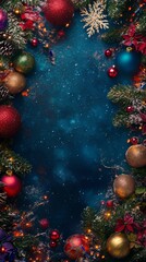 Create a festive copy space background for Christmas, adorned with vibrant holiday colors, twinkling lights, and seasonal decorations like snowflakes and ornaments, providing a joyful canvas