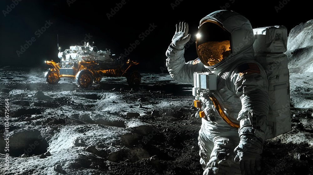 Poster astronaut waving on the moon with a lunar rover in the background.