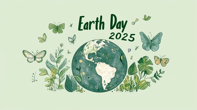 Earth Day 2025 Poster Background for Social Media and CSR with Earth, Plants, Butterflies, and Green Text