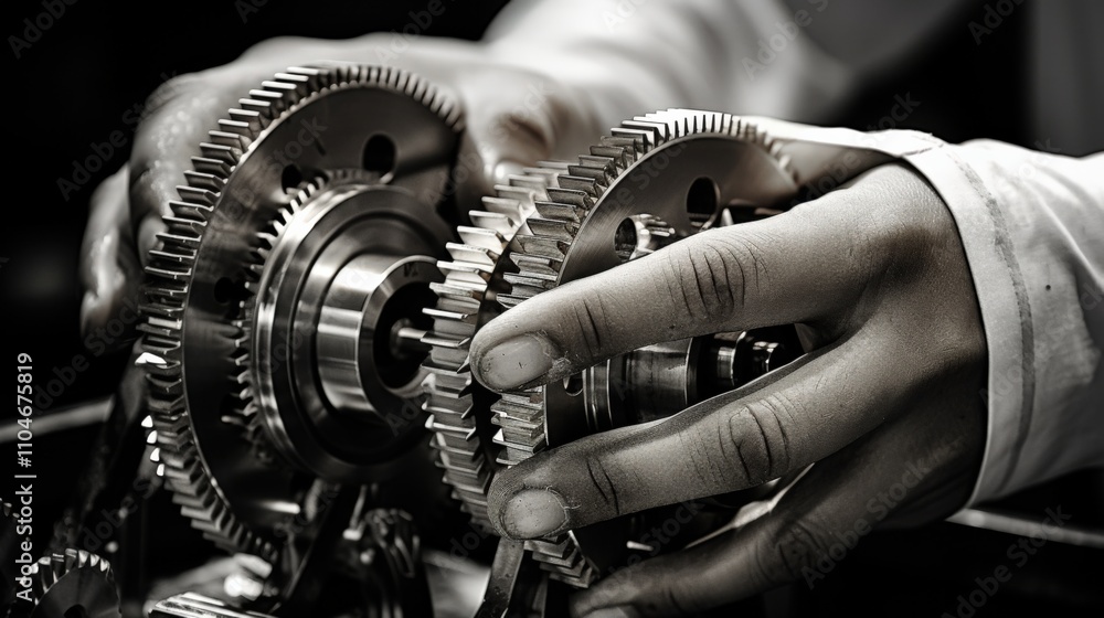 Poster hands assembling mechanical gears in a workshop setting