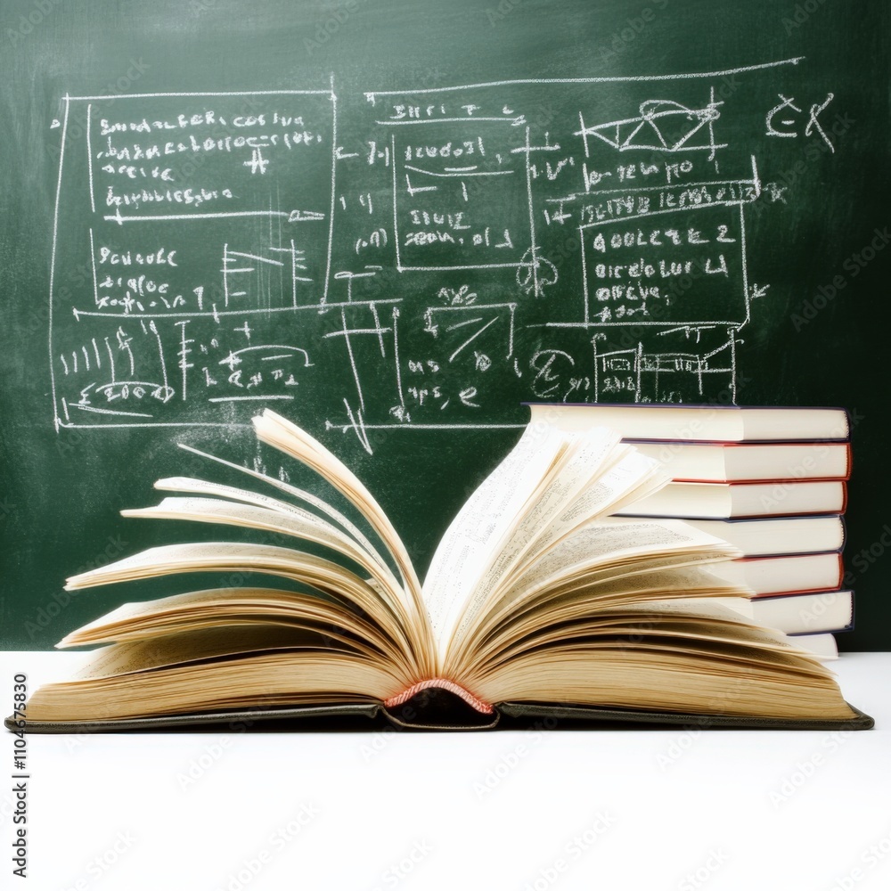 Poster open book with chalkboard and mathematical equations in the background