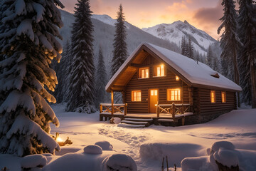 Cozy Cabin Amidst a Snowy Forest, Radiating Warm Light