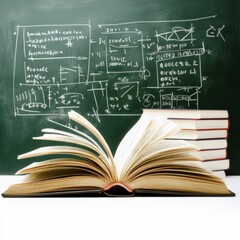 open book with chalkboard and mathematical equations in the background