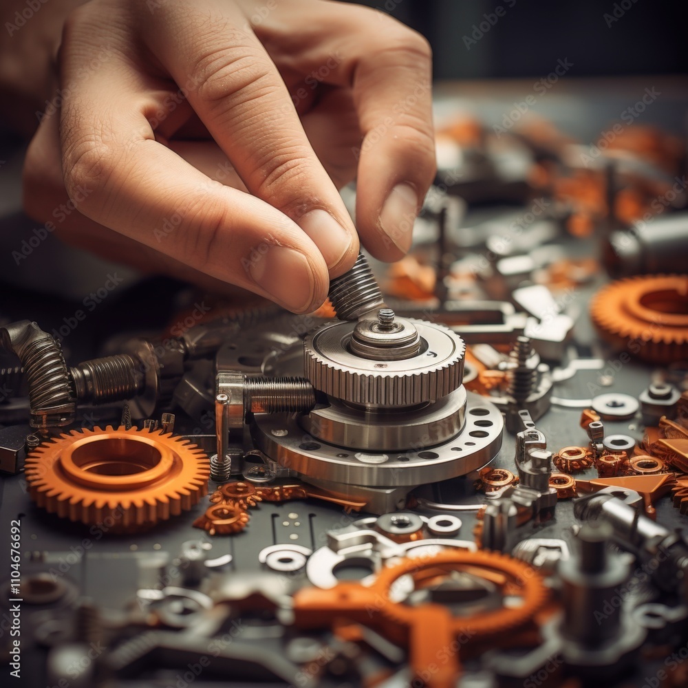 Poster close-up of hands working on mechanical gears and components