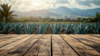 Close up of rustic empty wooden table with blurred mexican agave field farm background