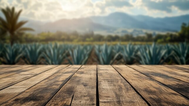 Close up of rustic empty wooden table with blurred mexican agave field farm background