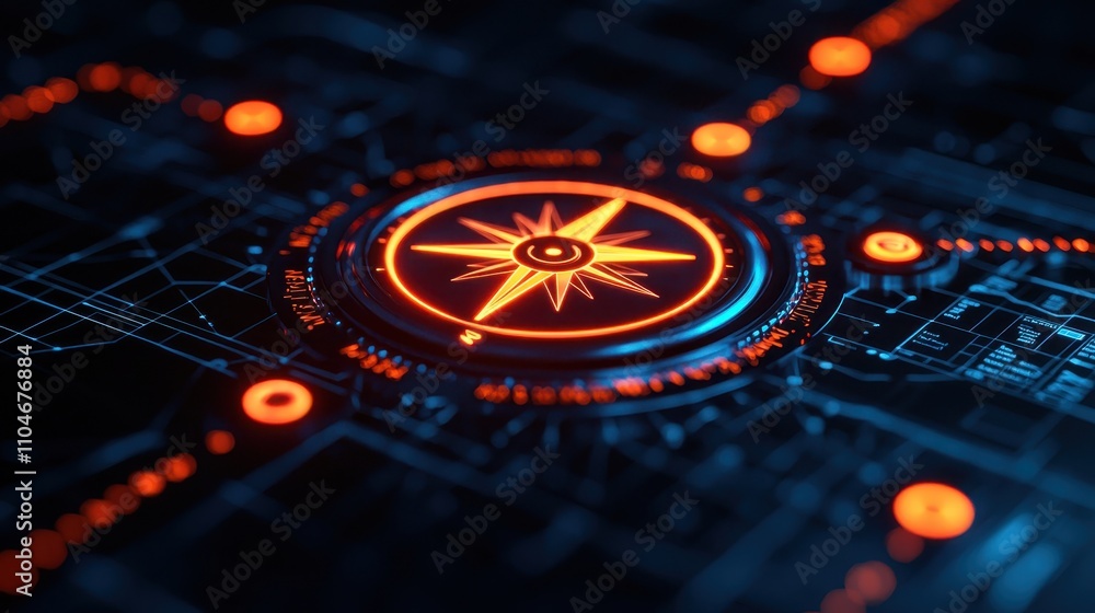 Poster digital compass design with neon lights and circuit patterns