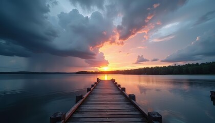 Fototapeta premium Glowing sunset over calm lake with dock