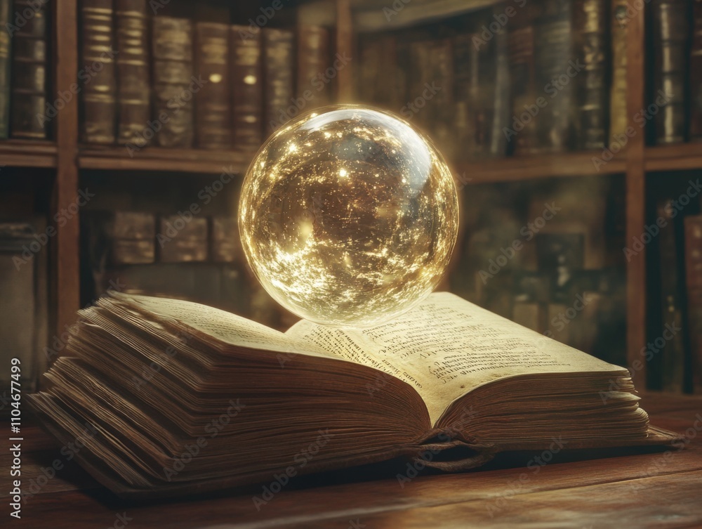 Poster magical book with glowing orb in a library setting