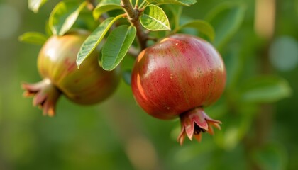 Two red pomegranates hanging from a tree branch with green leaves