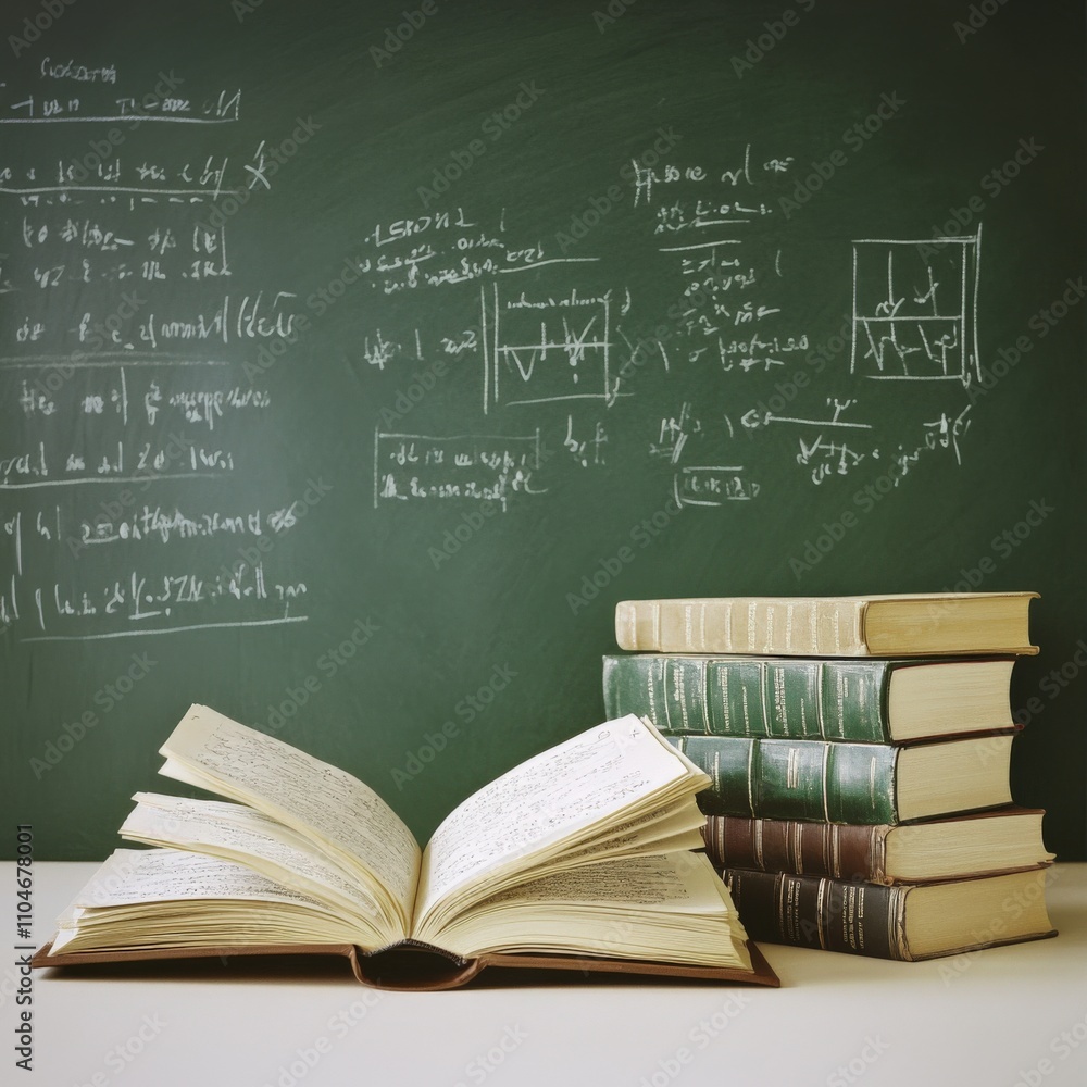 Poster open book with stacked textbooks on a classroom chalkboard background