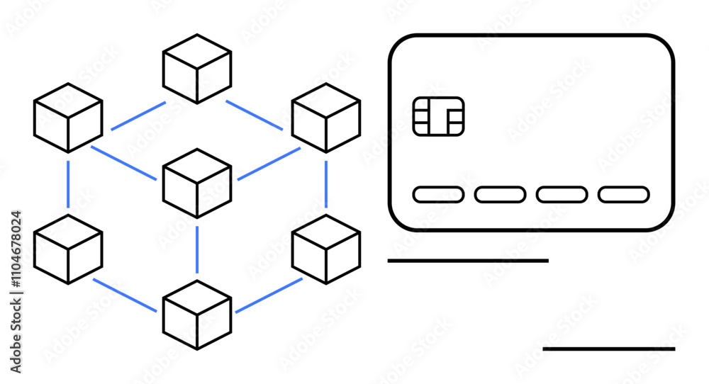 Aufkleber network of interconnected cubes linked to a credit card with chip, symbolizing fintech, blockchain, 