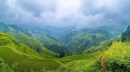 Obraz premium Misty mountain landscape with lush green rice terraces.