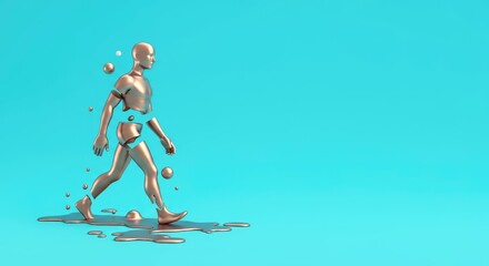 Bronze humanoid figure walking, disintegrating on turquoise background