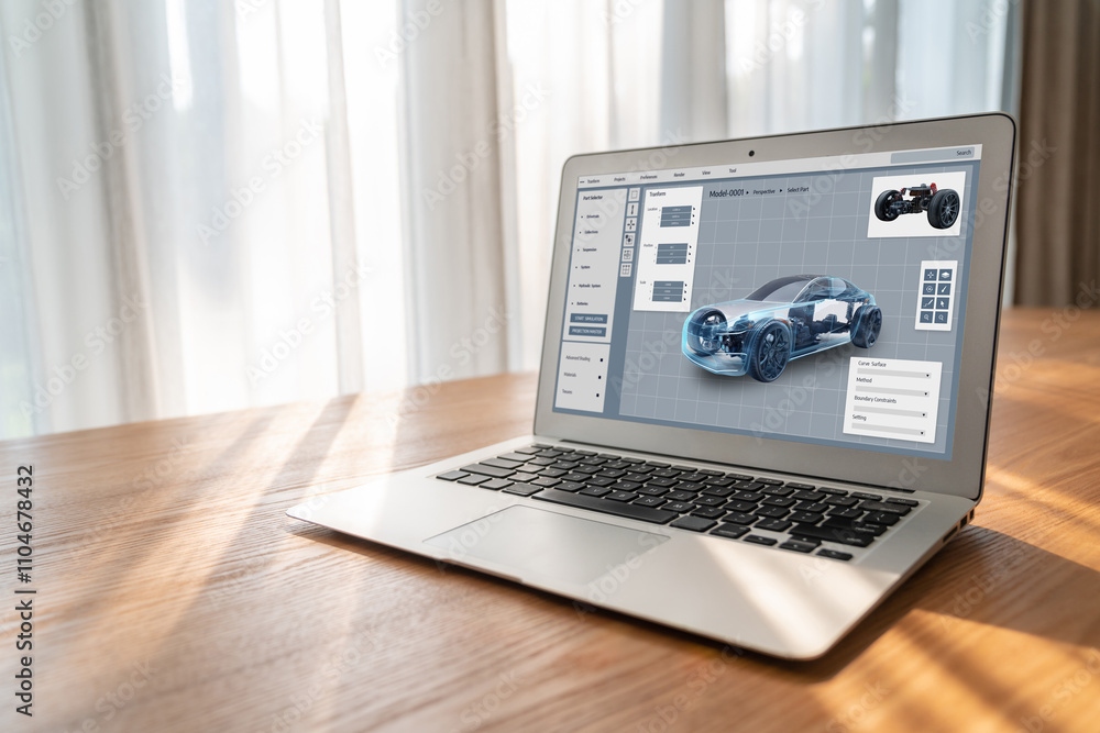 Poster electric car design software on computer screen showing simulation blueprint snugly by digital calcu