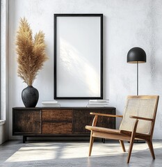 Minimalist Modern Living Room with Wooden Armchair and Black Vase in Bright Interior