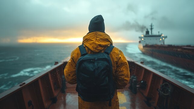 A lone sailor stands on the deck of a ship, looking out towards the horizon.