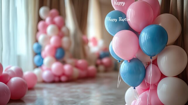 Celebratory banner: Happy Baptism greeting, heartfelt wishes, blessings on special occasion, sacred milestone with joy, reverence for newly baptized, highlighting a cherished momen