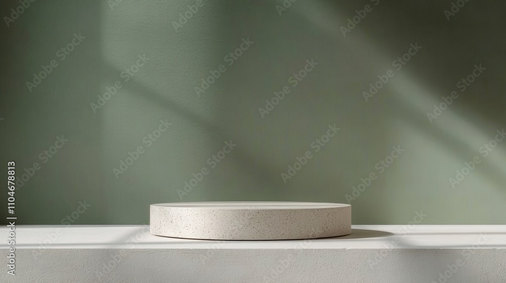 Poster minimalist round stone table with soft light gray surface against muted green wall