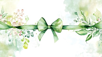 watercolor background banner of green ribbon and bow isolated on a white background as transparent png