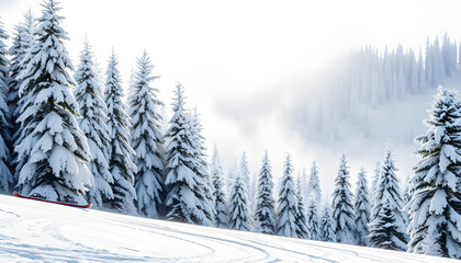 Obraz premium snowboard on magical ski slope with snowy firs isolated with white highlights, png