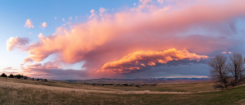 stunning sunset over rolling hills with dramatic clouds