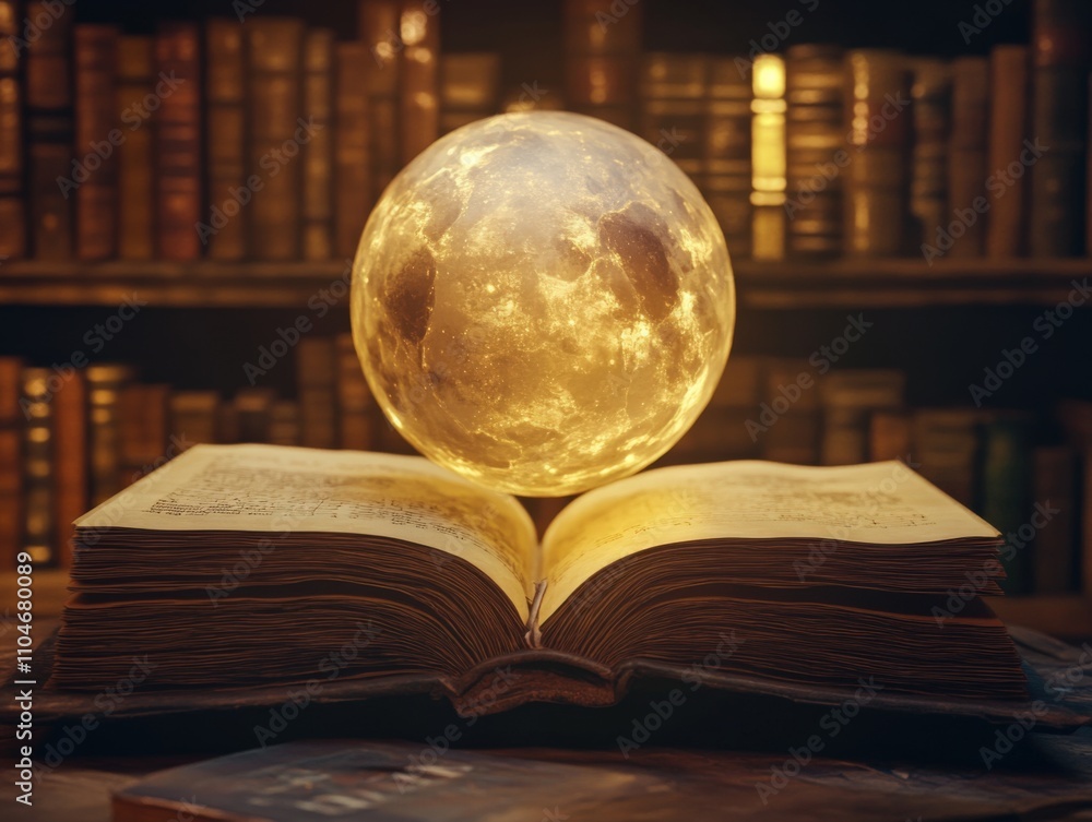 Poster an open book with a glowing moon above it, symbolizing knowledge and imagination